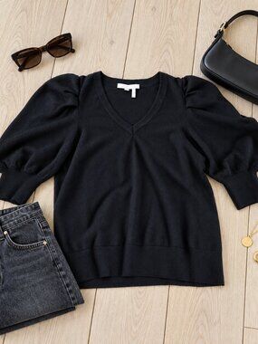 ✨NWT DKNY Black Pleated Puff Sleeve V-Neck Fine Knit Top L✨